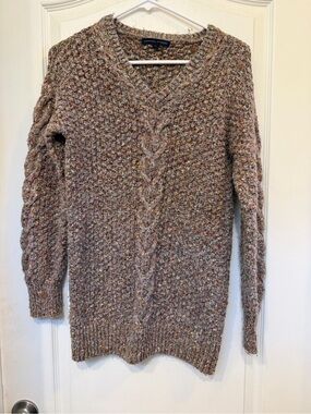 Adrienne Vittadini Cable Knit V-Neck Sweater Small Multicolor Flecked Tunic